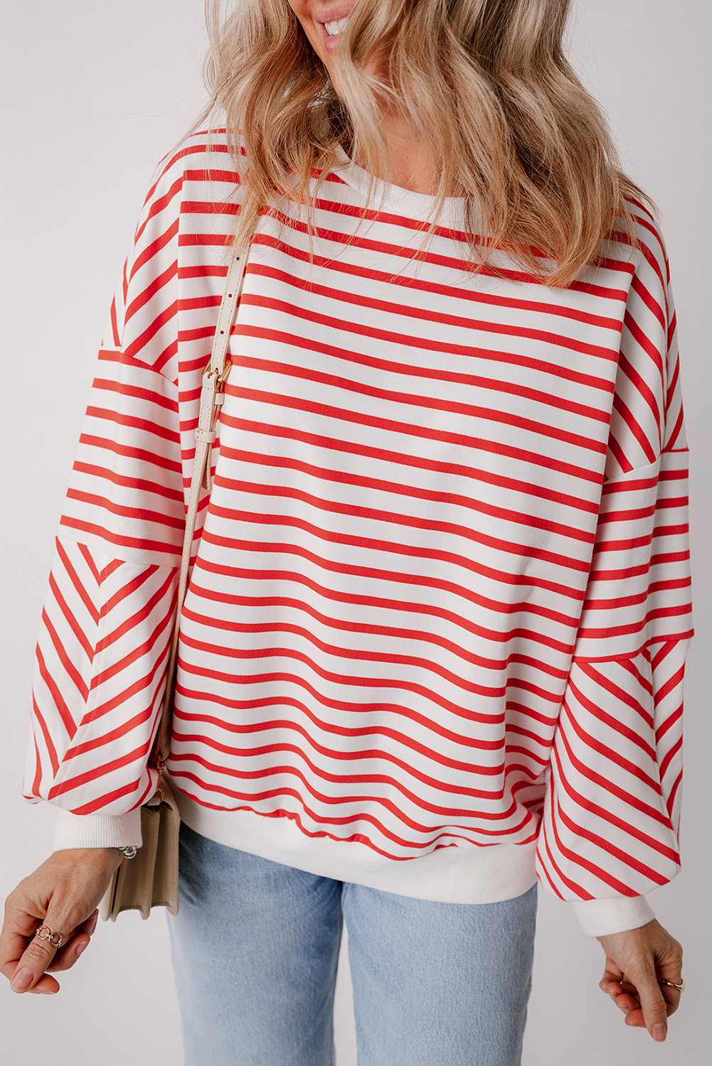 Orange Stripe Drop Shoulder Crew Neck Loose Sweatshirt - Image 6