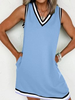 Myosotis Color Contrast Trim V Neck Shift Sleeveless Mini Dress