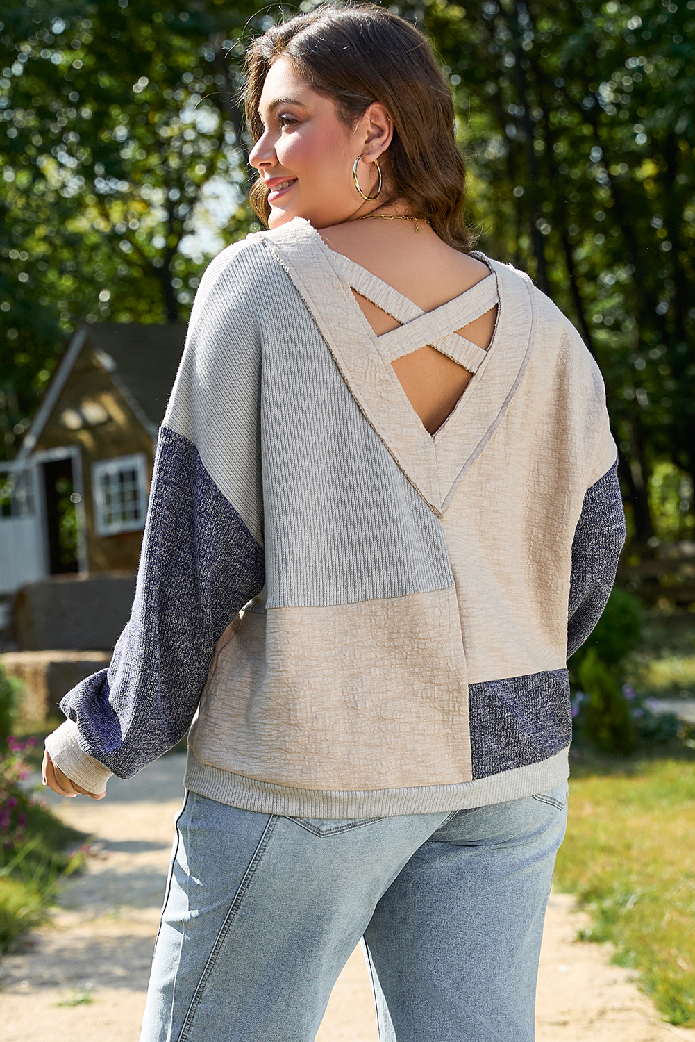 Ashleigh Blue Plus Size Textured Colorblock Patchwork V Neck Top - Image 2