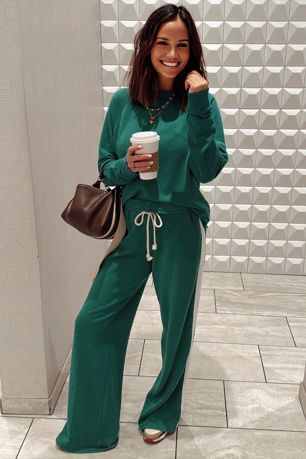 Sea Green Solid Color Pullover Top Varsity Stripe Detail Loose Drawstring Pants Set - Image 3