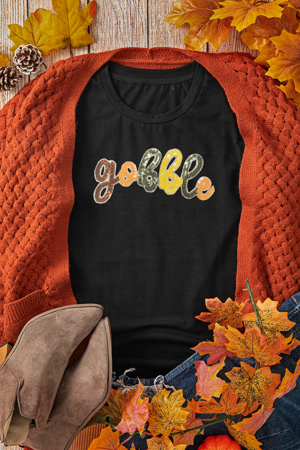 Black gobble Sequin Letter Graphic Thanksgiving T Shirt - Image 7