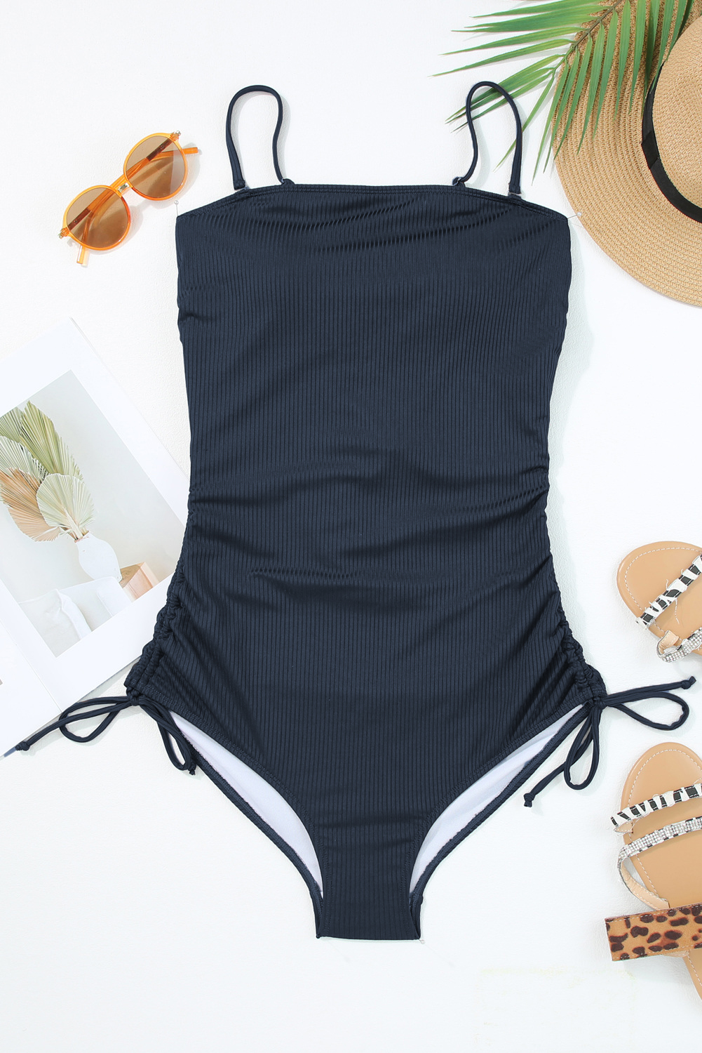 Navy Blue Ribbed Drawstring Sides Cutout One Piece Swimsuit - Image 6