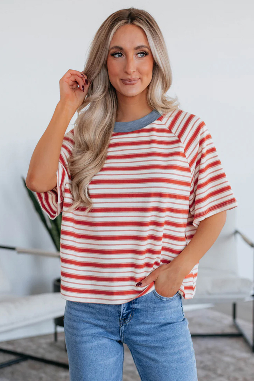 Tomato Red Stripe Print Contrast Collar Raglan Sleeve T Shirt - Image 4