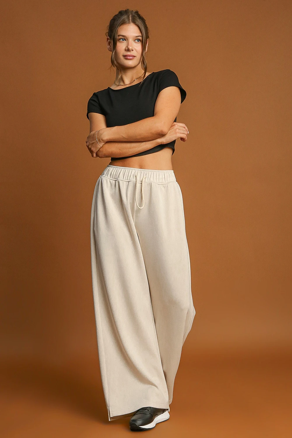 Apricot Loop Drawstring Elastic Waistband Casual Wide Leg Pants - Image 3