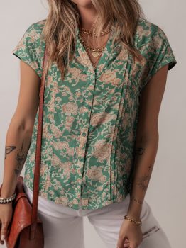 Green Floral Print Pleated Buttoned V Neck Short Sleeve Blouse