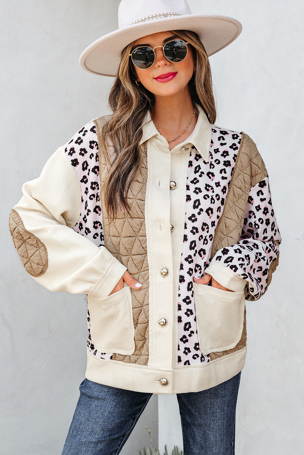 Khaki Leopard Waffle Quilted Patchwork Button Front Jacket - Image 4