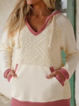 White Contrast Trim Crochet Knit Patchwork Exposed Seam Hoodie