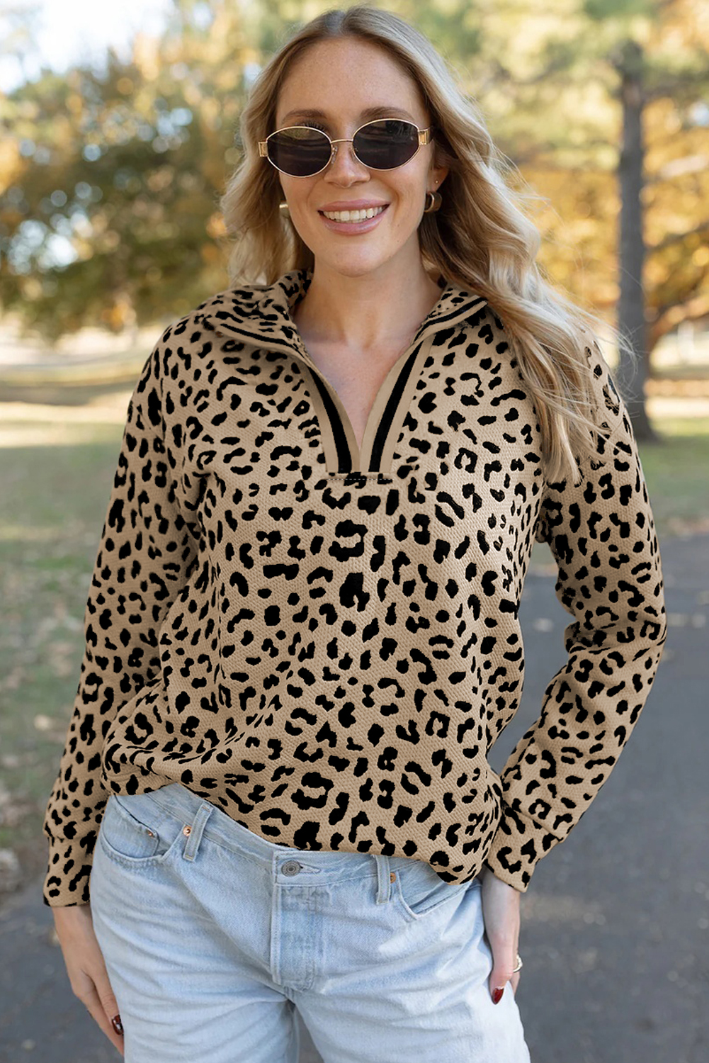 Parchment Leopard Polo Collar V Neck Pullover Top - Image 3