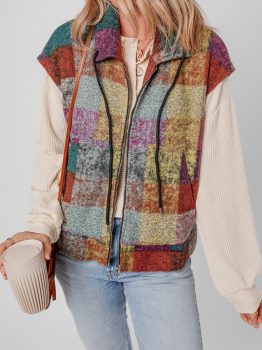 Multicolor Plaid Print Side Pockets Zipped Loose Vest