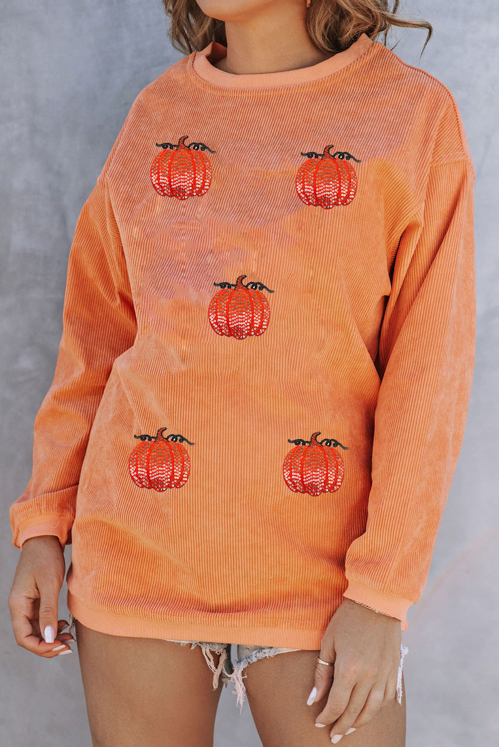 Orange Sequin Pumpkin Patched Twisted Rib Baggy Sweatshirt - Image 5