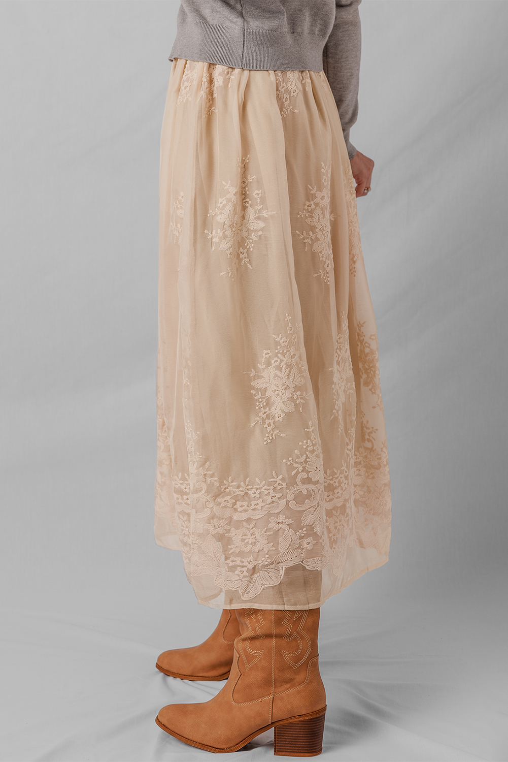 Oatmeal Embroidered Mesh Overlay Flowy Long Skirt - Image 7