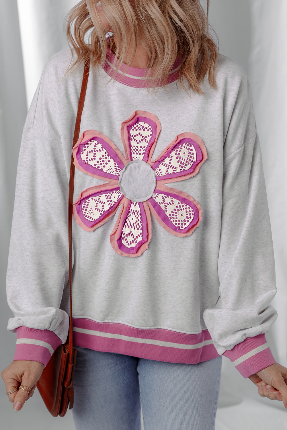 Gray Flower Patch Contrast Trim Crew Neck Sweatshirt - Image 7