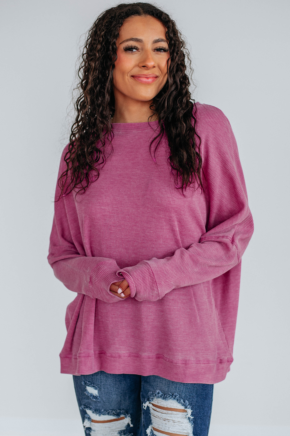 Bright Pink Waffle Knit Patchwork Long Sleeve Loose Top - Image 4