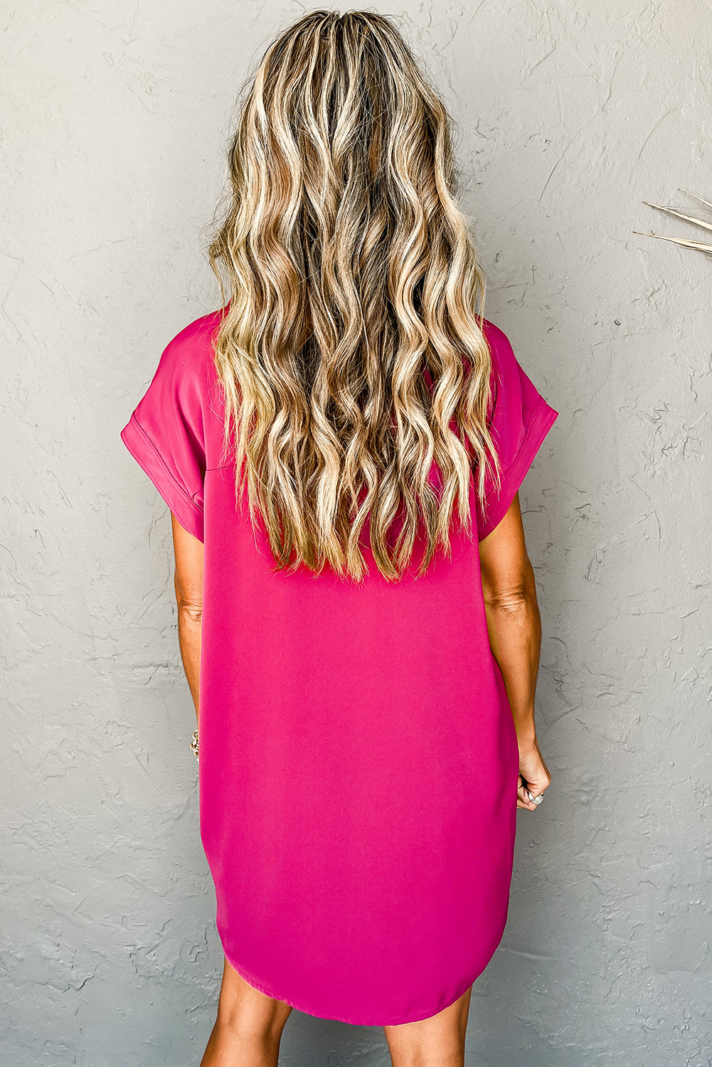 Rose Red Buttoned Collar Shift T-shirt Mini Dress - Image 2