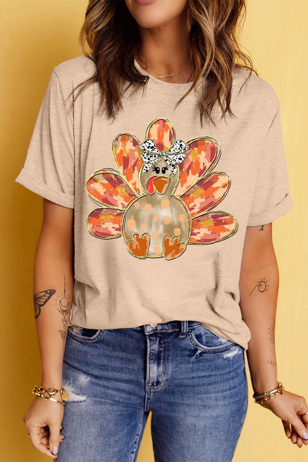 Khaki Thanksgiving Bowknot Turkey Graphic Crewneck Tee - Image 4