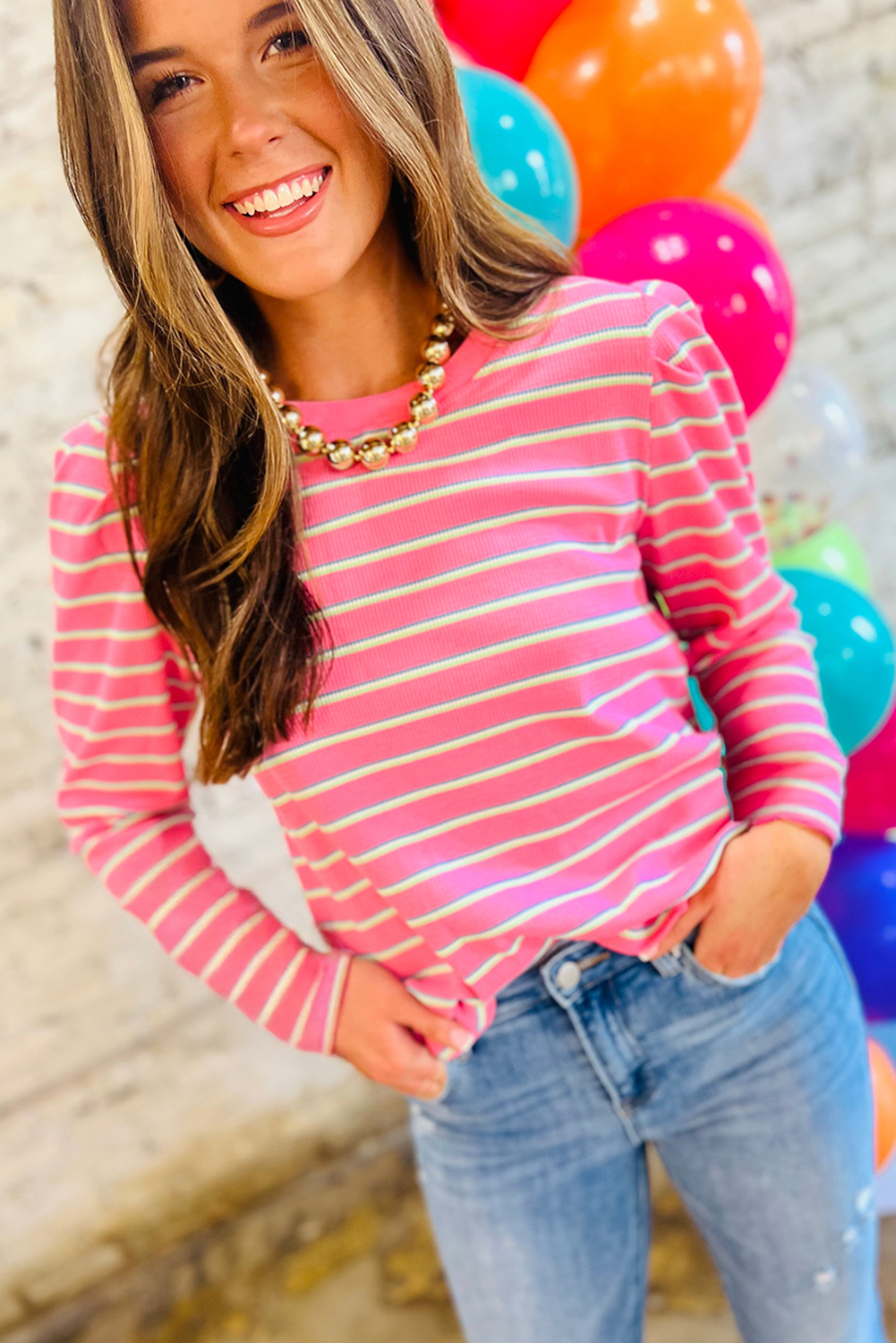 Rose Stripe Textured Knit Round Neck Long Sleeve Top - Image 2