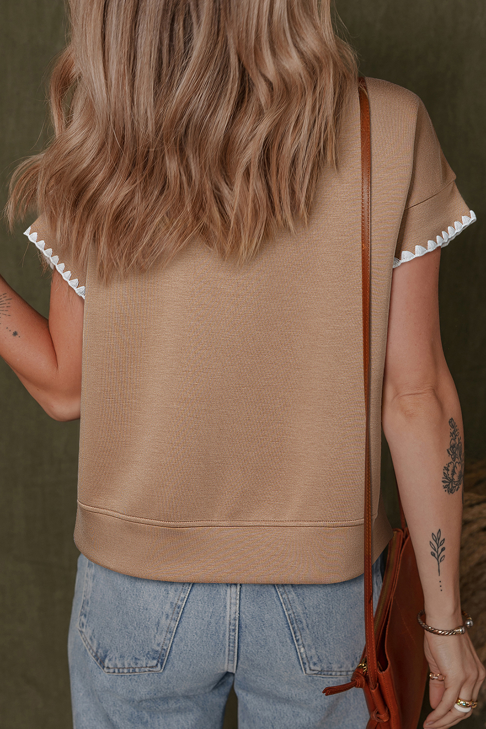 Straw Yellow Ric Rac Color Contrast Ribbed Edge Crewneck T Shirt - Image 2