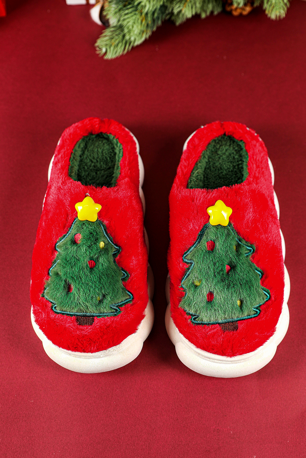 Fiery Red Christmas Tree Graphic Thick Sole Plush Slippers - Image 3