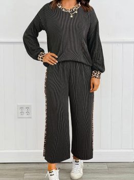 Carbon Grey Twisted Rib Texture Leopard Patchwork Detail 2pcs Pant Set