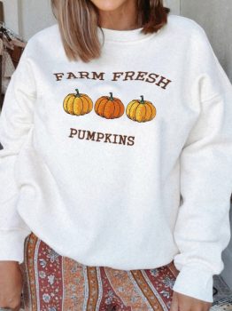White FARM FRESH PUMPKINS Embroidered Graphic Thanksgiving Holiday Sweatshirt