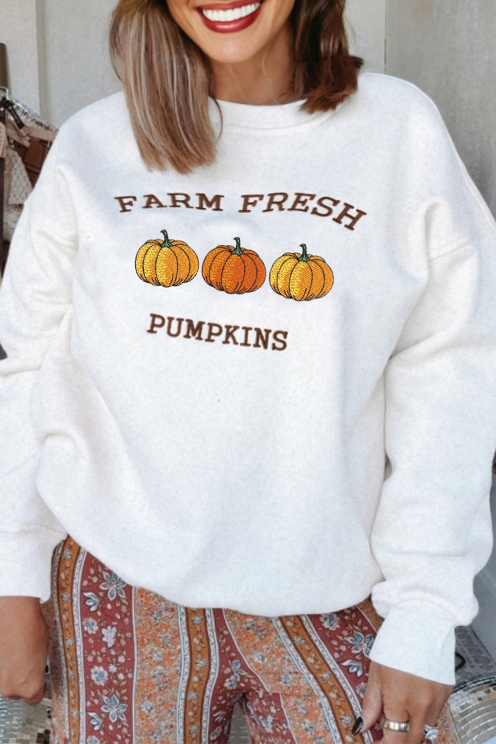 White FARM FRESH PUMPKINS Embroidered Graphic Thanksgiving Holiday Sweatshirt