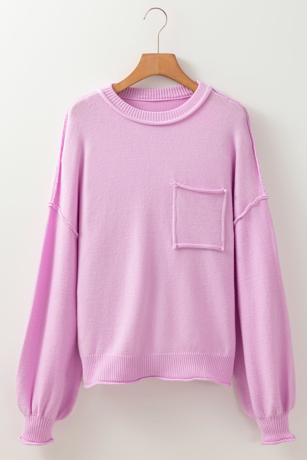 Pink Raw Edge Ribbed Detail Drop Shoulder Sweater - Image 6