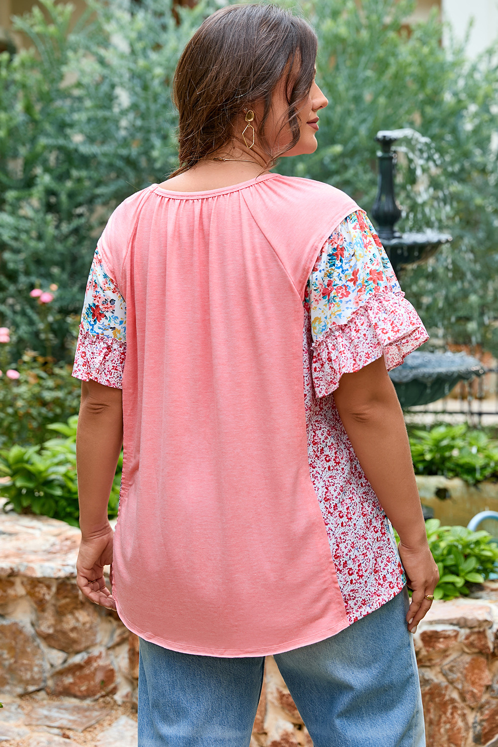 Pink Plus Size Floral Patchwork Ruffled Short Sleeve Blouse - Image 2