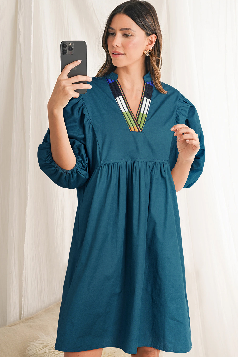 Blue Sapphire Colorblock Split V Neck Puff Sleeve Mini Dress - Image 3