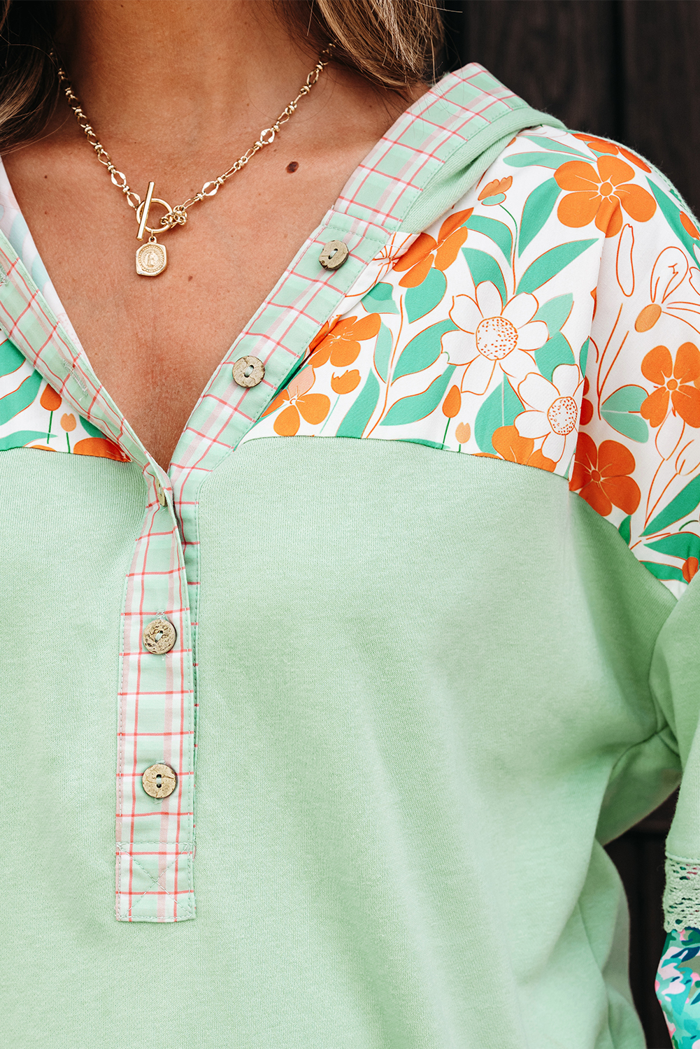 Clearly Aqua Lace Floral Patchwork Half Button Hooded Pullover - Image 7