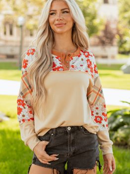 Parchment Floral Plaid Patchwork Casual Top