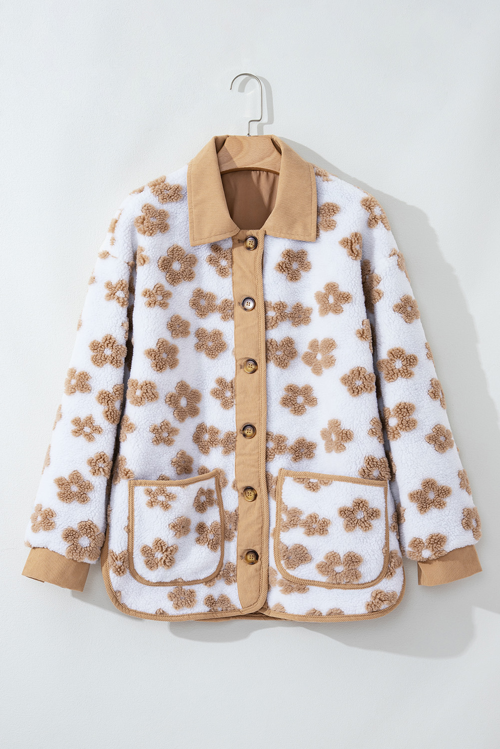 Light French Beige Cute Flower Pattern Button Up Fleece Jacket - Image 6