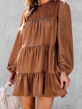 Chestnut Floral Lace Crochet Tiered Ruffled Mini Dress