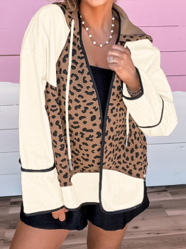 Brown Leopard Star Hooded Patchwork Contrast Piping Open Front Jacket