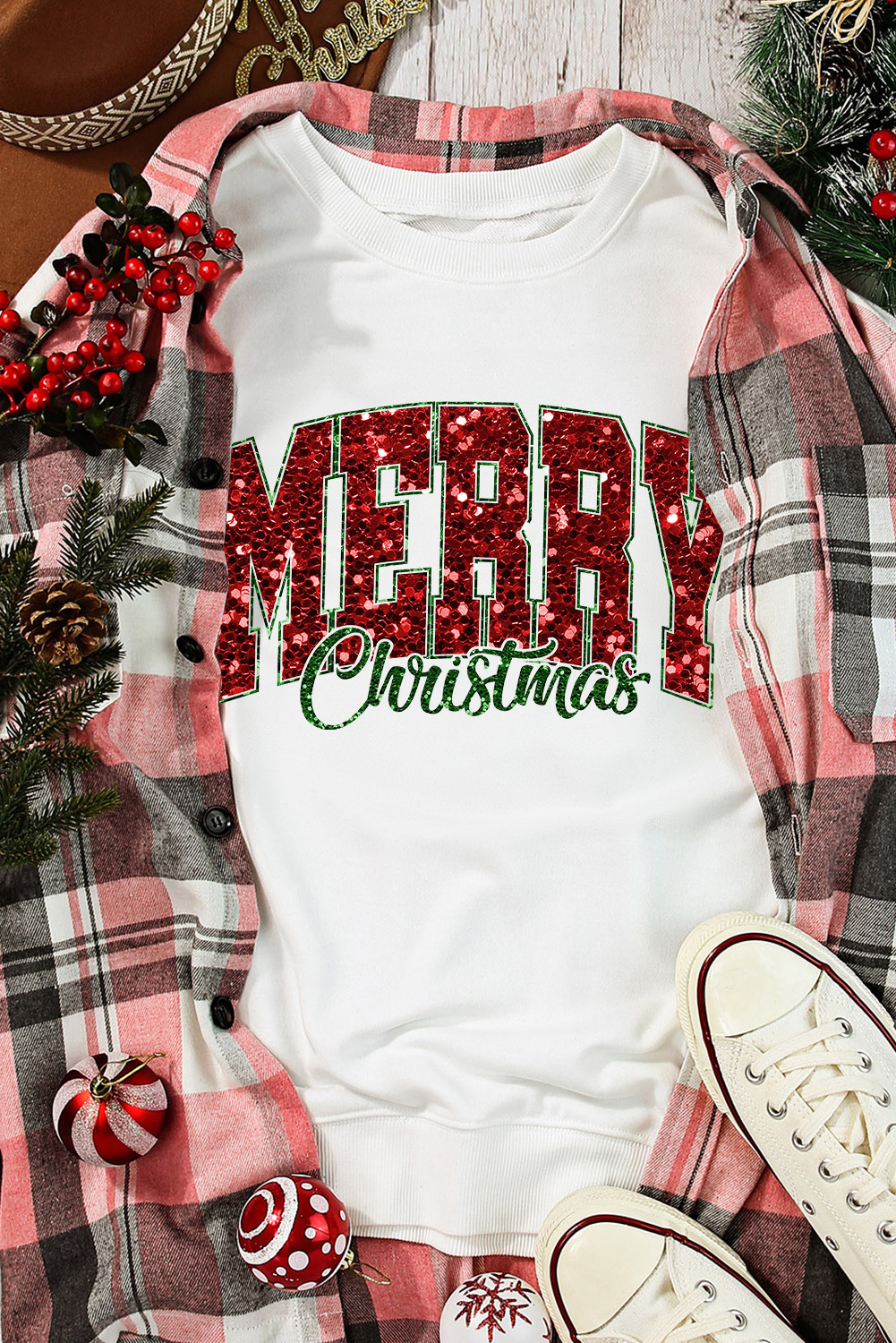 Beige MERRY Christmas Heat Transfer Printing Crewneck Pullover Sweatshirt - Image 7