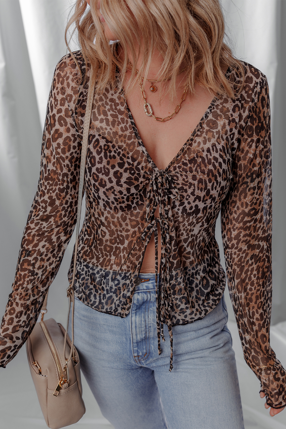 Multicolour Leopard Sheer Mesh Long Sleeve V Neck Lace-up Blouse - Image 7