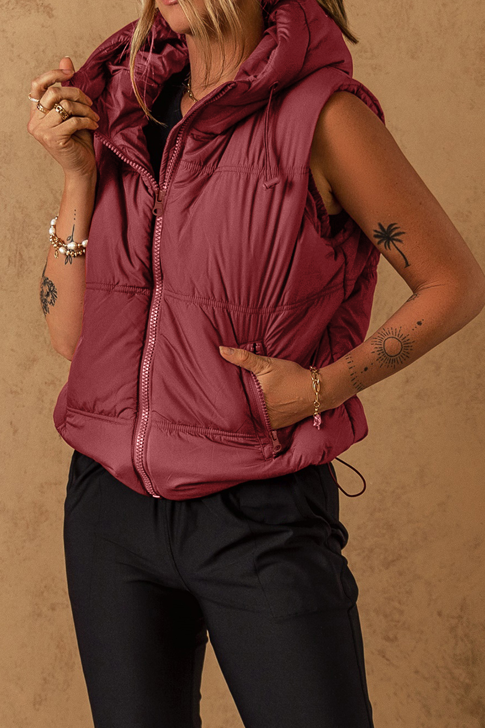 Clay Zip-up Side Pockets Hooded Puffer Vest - Image 3