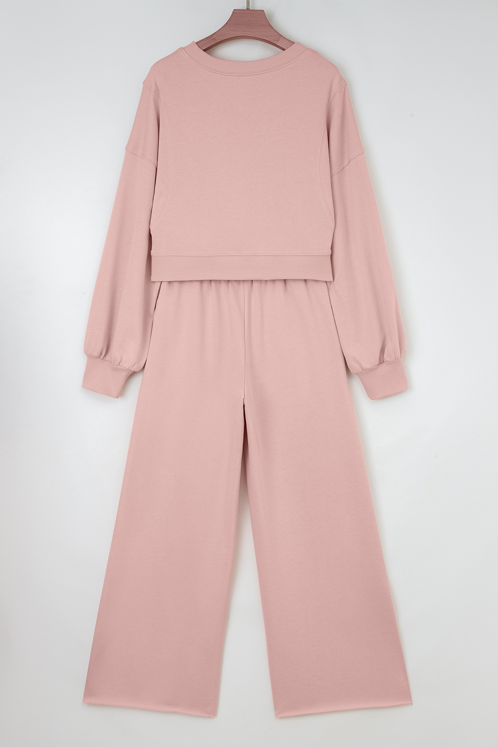 Light Pink Drop Shoulder Puff Sleeve Crop Pullover Drawstring Wide Leg Pants Set - Image 7