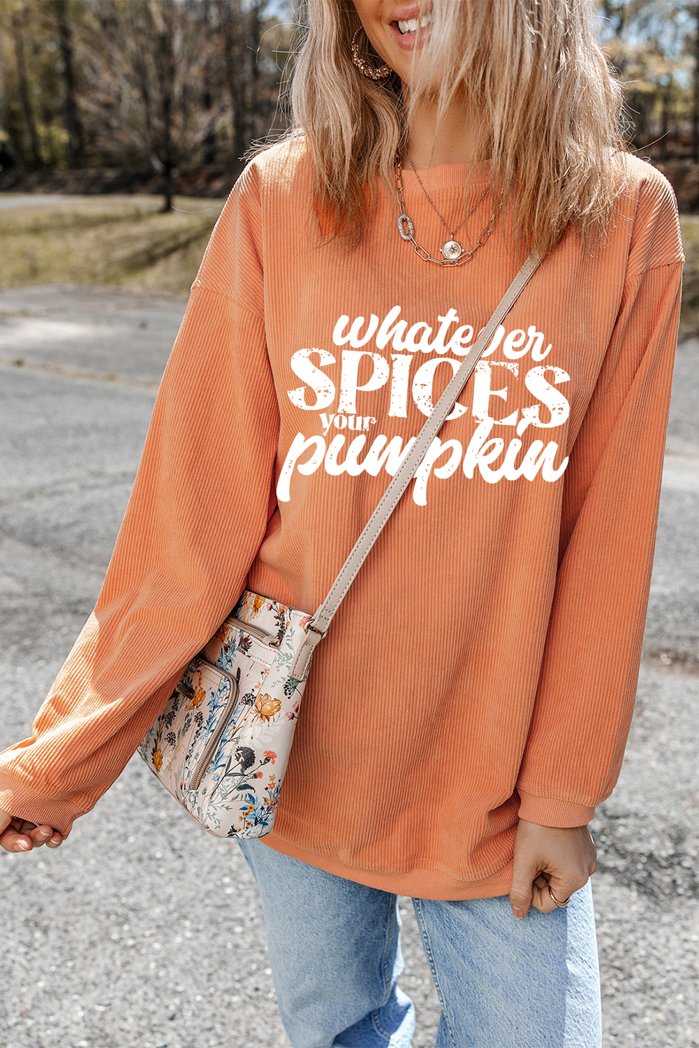 Orange Whatever Spices Your Pumpkin Graphic Corded Pullover Sweatshirt - Image 7