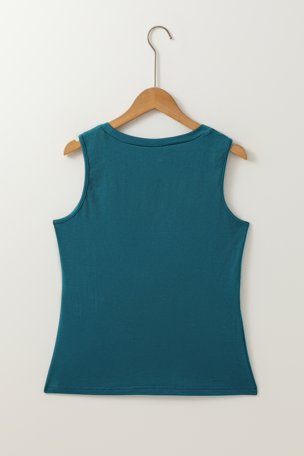 Blue Sapphire Solid Color Stitching Detail Round Neck Tank Top - Image 6