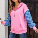 Bonbon Checkered Patchwork Kangaroo Pocket Half Zipper Hoodie