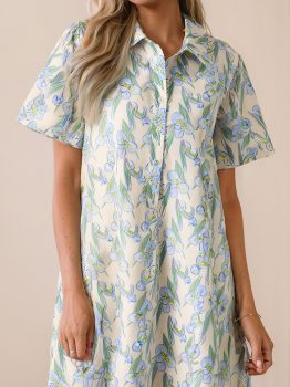 Green Floral Print Shirtcollar Buttoned Short Sleeve Shift Dress