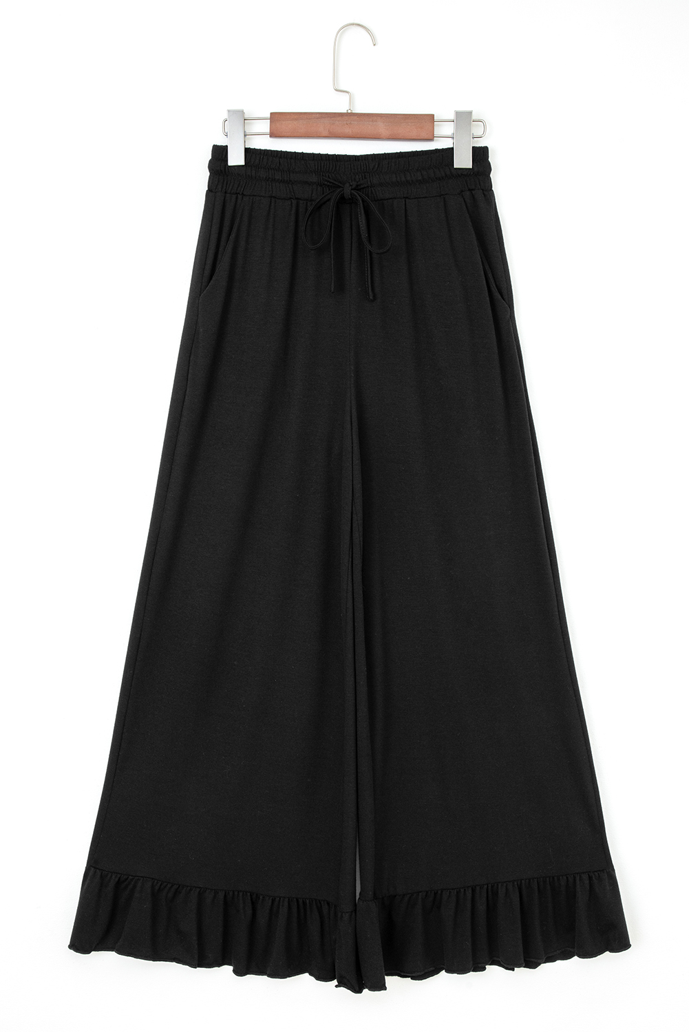 Black Ruffled Wide Leg Pull On High Waist Pants with Pockets - Image 3