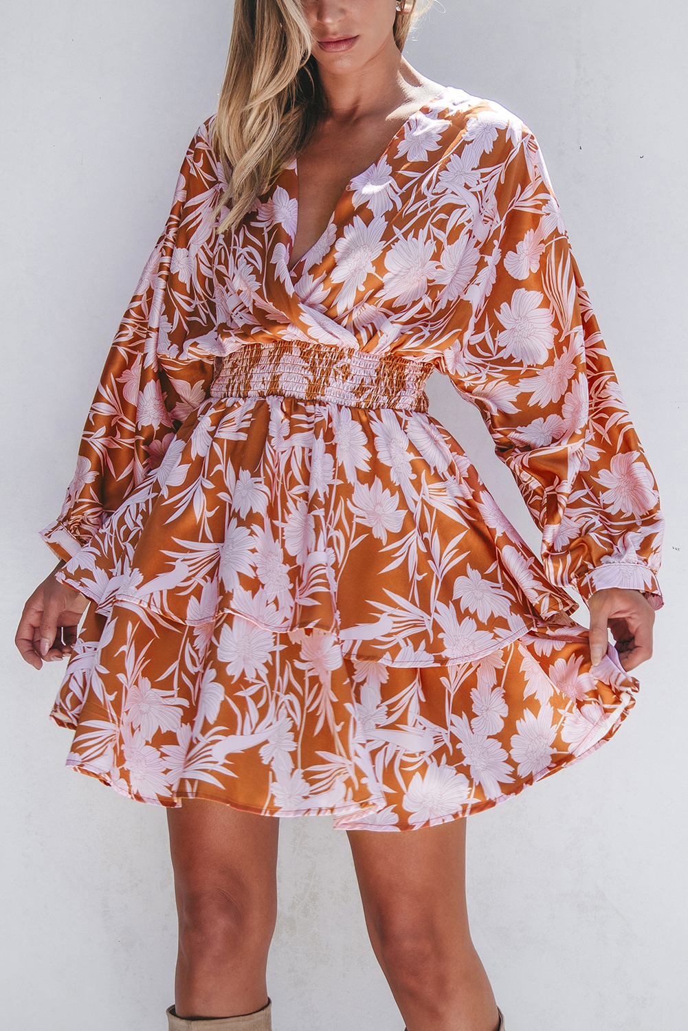 Brown Floral Puff Sleeve Smocked Waist Layered Dress - Image 8