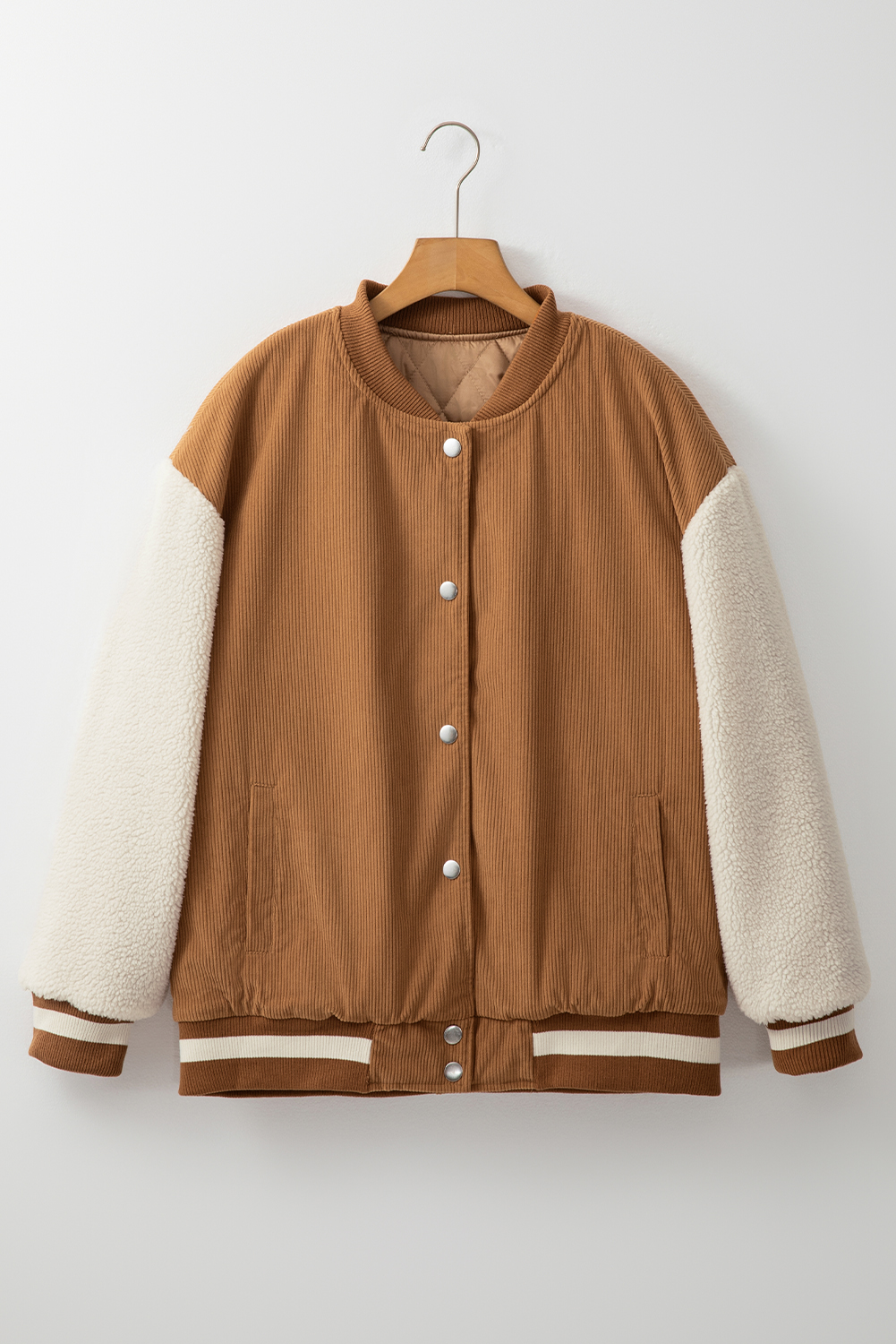 Buckskin Corduroy Fleece Patchwork Buttoned Bomber Jacket - Image 8