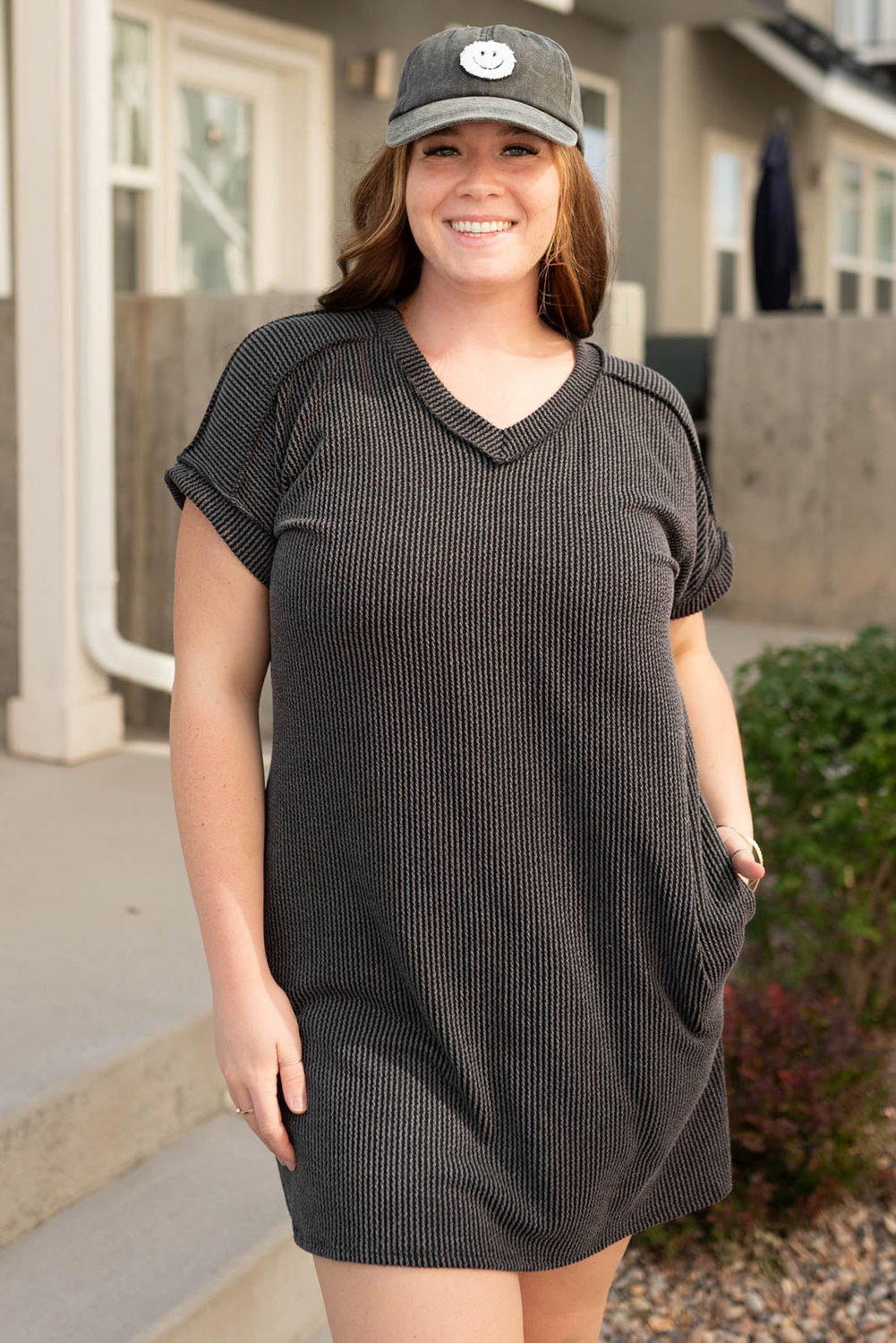 Carbon Grey Corded V Neck Plus Size T Shirt Dress with Pockets - Image 5