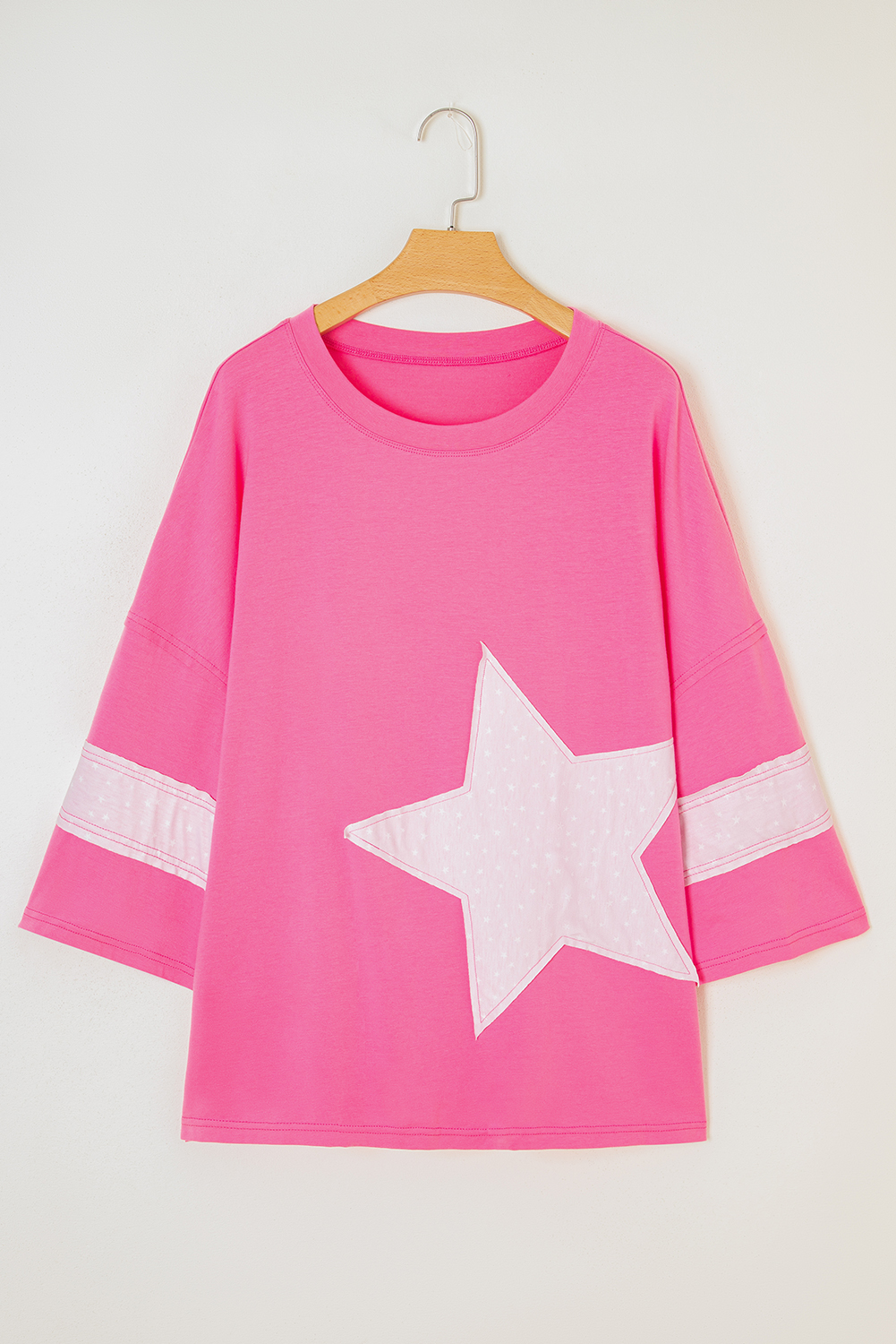 Pink Star Patched Colorblock Raw Edge Bracelet Sleeve Plus Size Loose Tee - Image 8