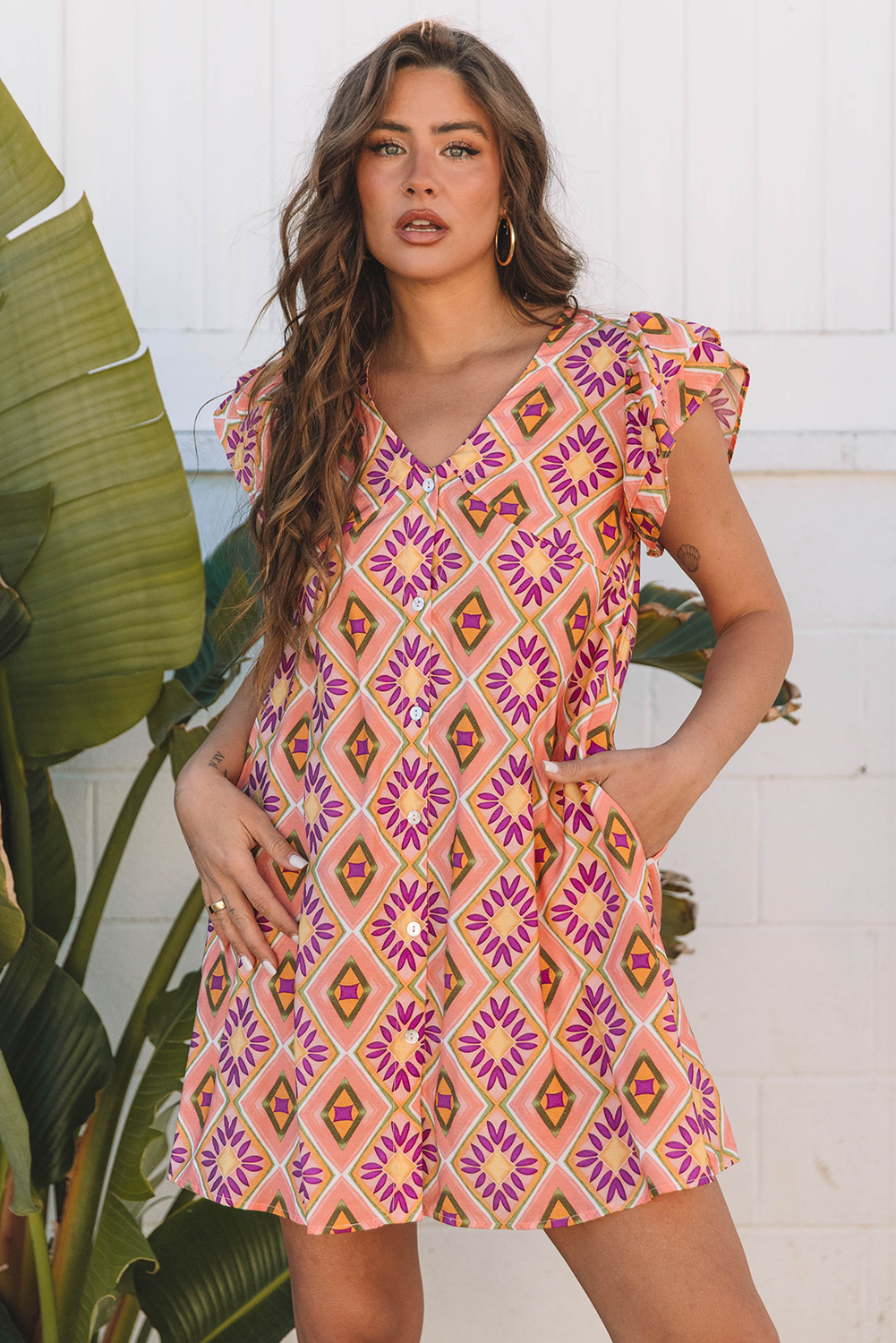 Orange Geometric Floral V Neck Buttoned Ruffled Sleeve Mini Dress - Image 4