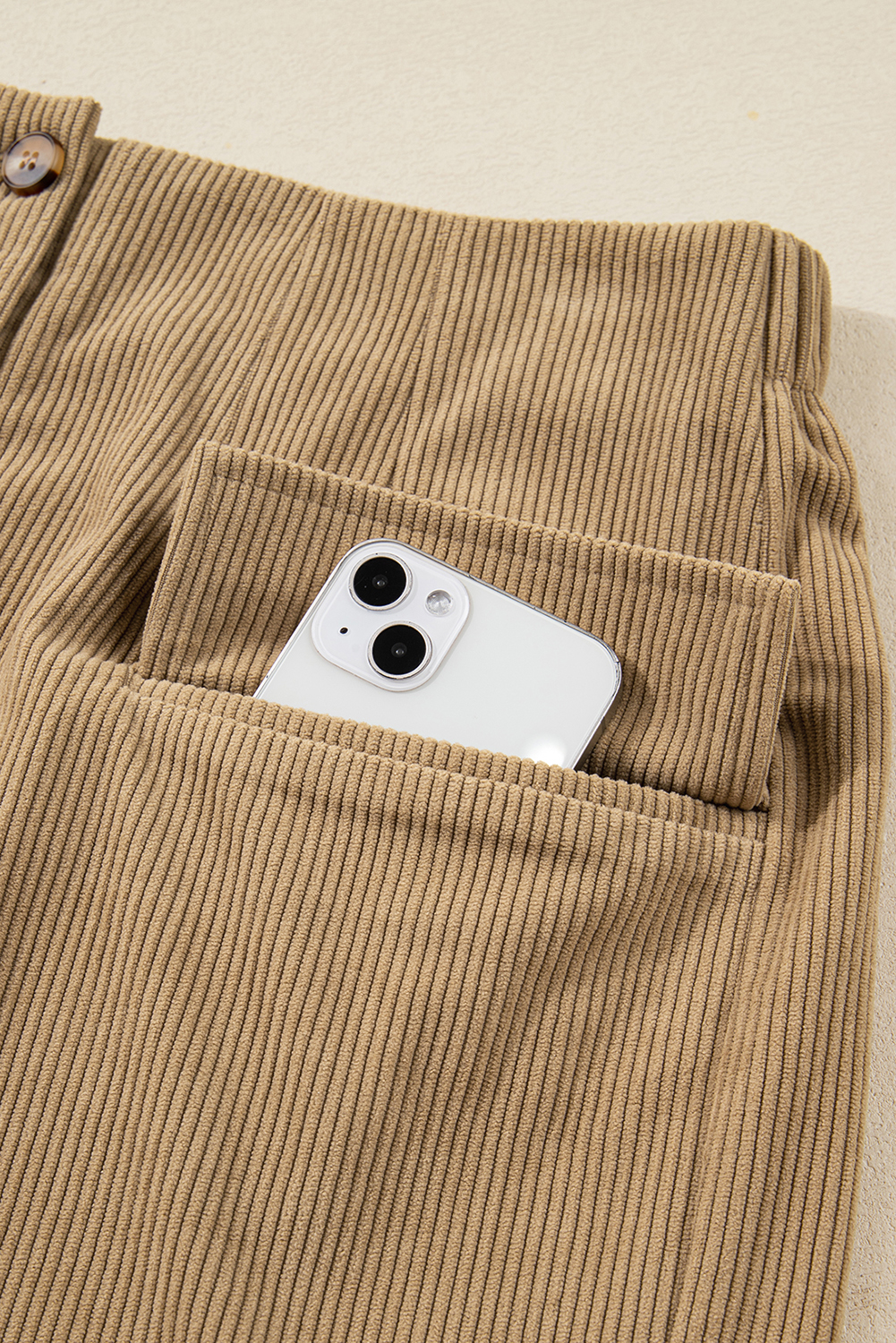 Camel Corduroy Buttoned Front Faux Pockets Mini Skirt - Image 6