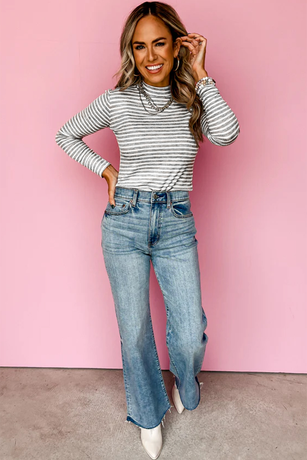 Gray Stripe Ribbed High Neck Slim Fit Long Sleeve Top - Image 4