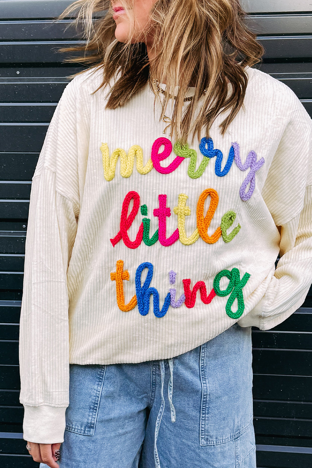 Beige merry little thing Corded Letter Graphic Ribbed Loose Sweatshirt - Image 8